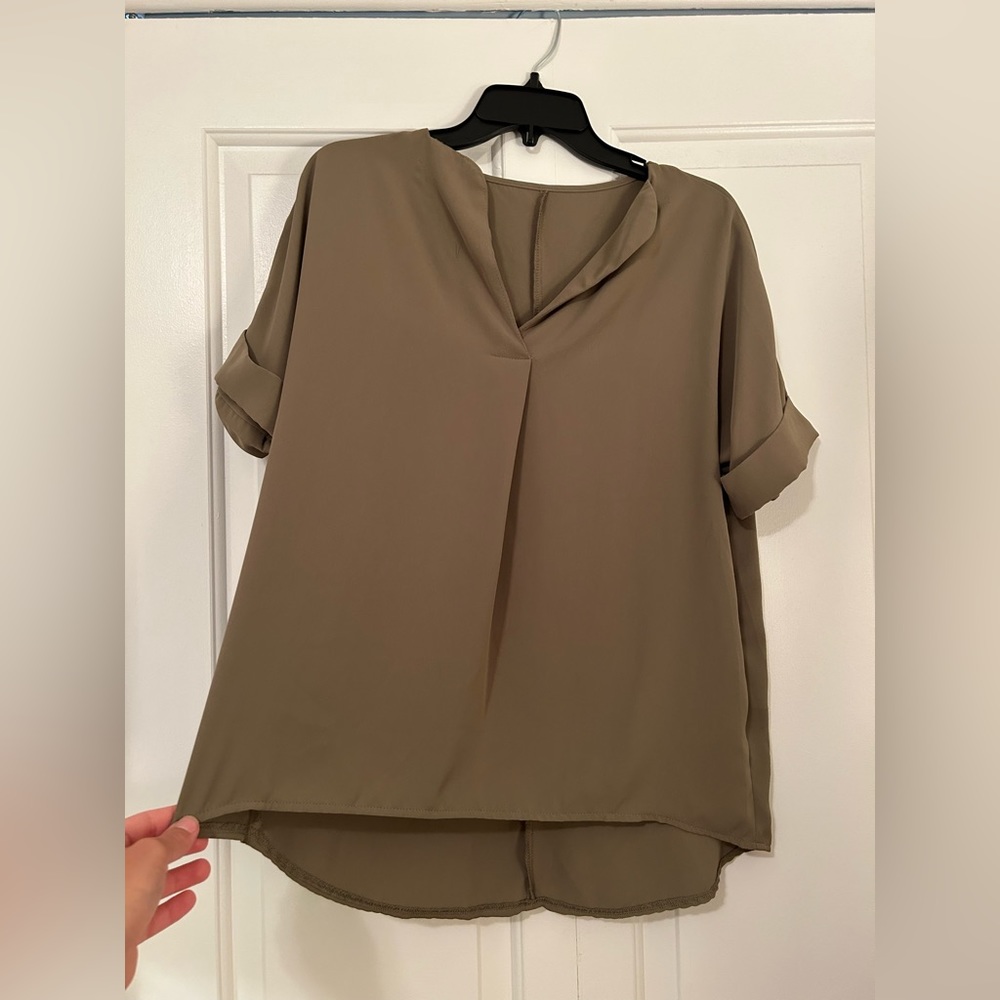 Army green v neck blouse with cuffed sleeves